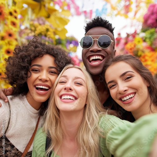 Friends Enjoy a Sunny Day Taking Selfies in a Park With Cherry Blossoms