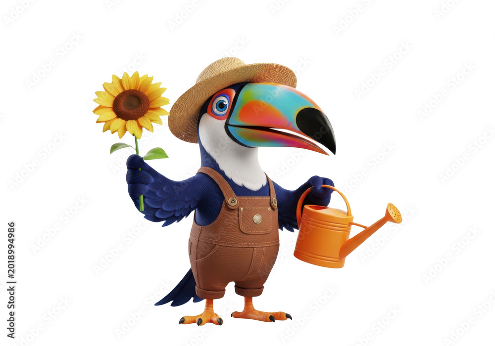 Fototapeta premium Cute toucan gardener with sunflower isolated on transparent background