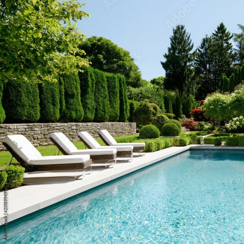Lounge Chairs by a Clear Pool Surrounded by Green Plants in a Warm Sunny Setting