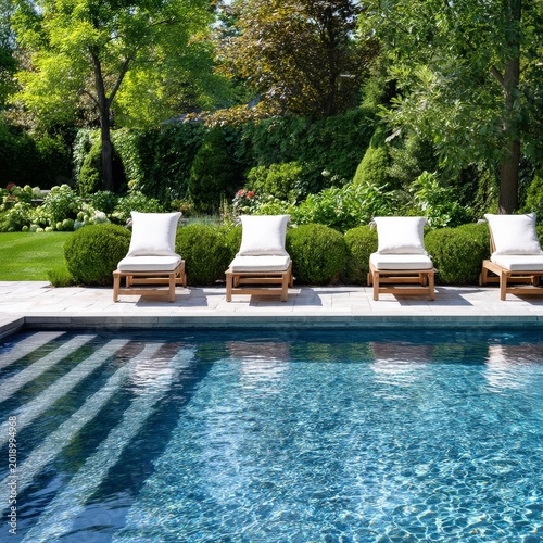 Modern Pool Area With Loungers and Greenery in a Sunny Outdoor Setting Near a...