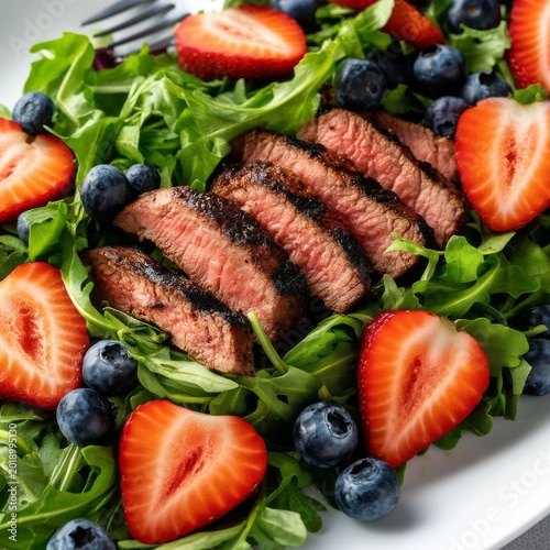 Sliced Steak Served on a Bed of Arugula With Strawberries and Blueberries in ...