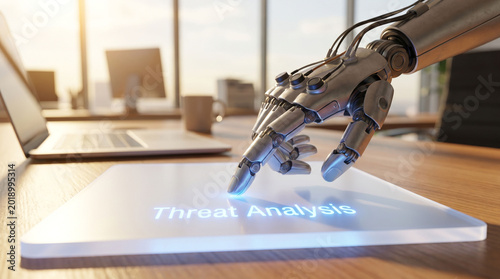 Robotic hand performing digital threat analysis on glowing touch screen.