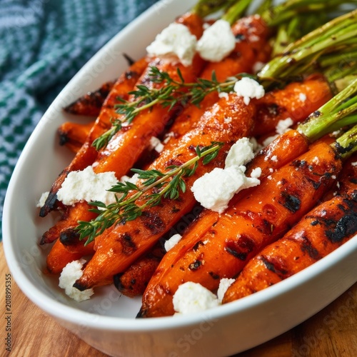 Grilled Carrots With Cheese and Herbs Served on a Plate During a Sunny Day