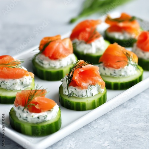 Cucumber Slices Topped With Cream Cheese and Smoked Salmon on a White Plate W...