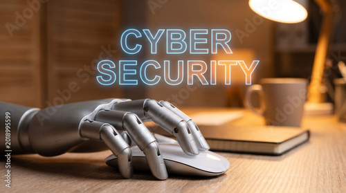 Robotic hand operating computer mouse with neon cyber security text.