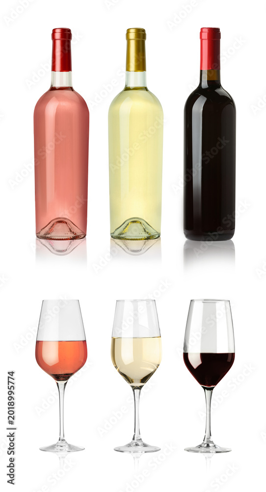 Fototapeta premium Rose, red and white wine in bottles and glasses on transparent background