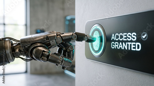 Robot finger presses biometric scanner access granted.