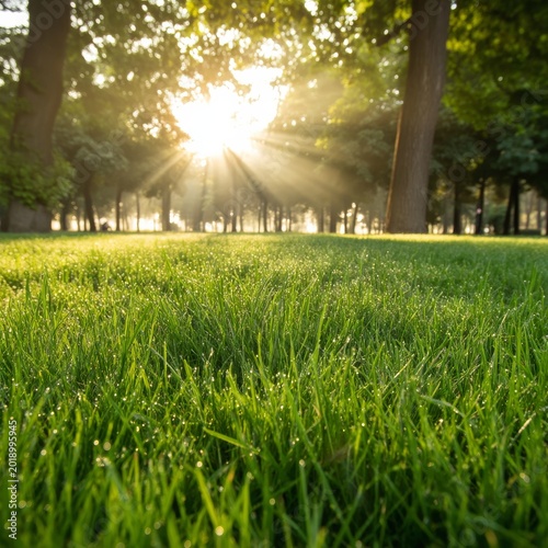 Sunrise in a Green Park With Tall Trees and Long Shadows on the Grass