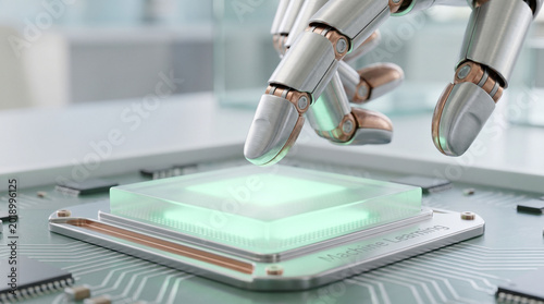 Futuristic robot hand pointing at glowing machine learning microchip.