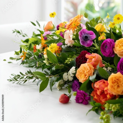 Bright Flowers Arranged on a White Surface for Display at a Spring Event