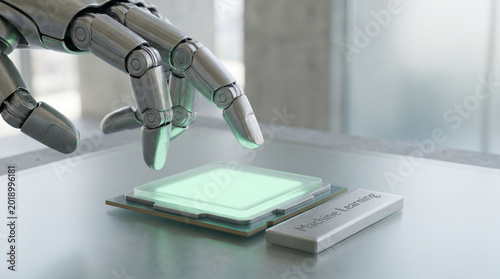 Detailed robotic hand exploring machine learning hardware components.