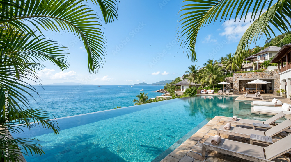Fototapeta premium Stunning tropical infinity pool with ocean view and sunbeds at luxury seaside resort