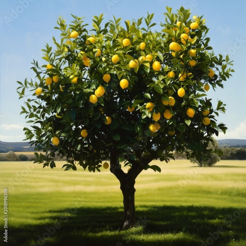 Lemon Tree With Ripe Lemons in a Green Field Under a Clear Blue Sky During Su...