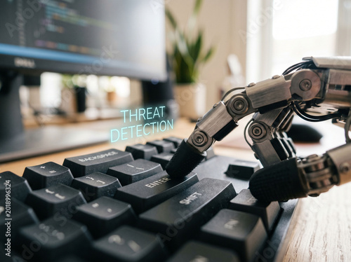 A robot hand presses the enter button on a keyboard for threat detection.