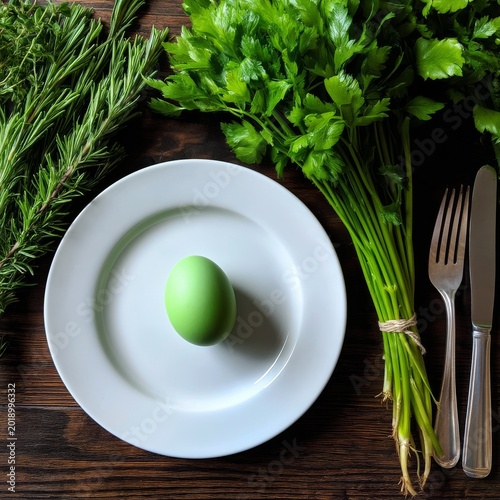 Green Egg on White Plate Surrounded by Fresh Herbs on Wooden Table