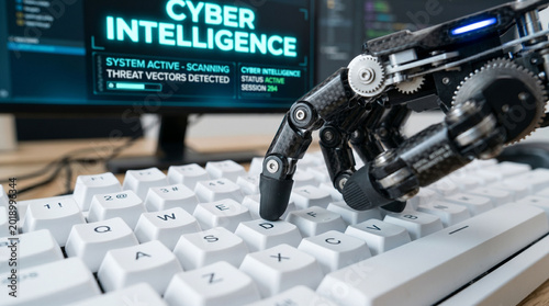 A robot hand typing on a keyboard with cyber intelligence displayed on screen.