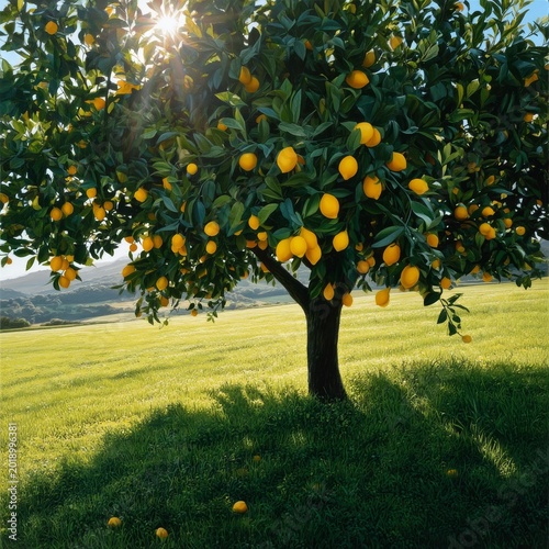 Lemon Tree in a Sunny Field With Ripe Fruit and Mountains in the Background