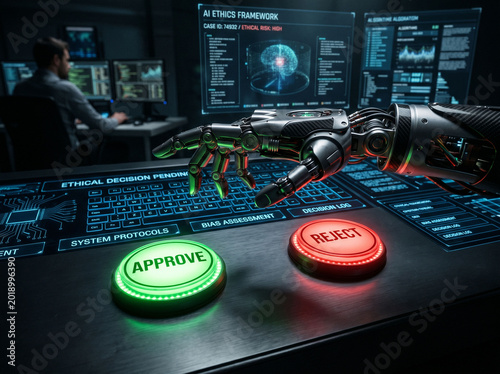 Robot hand makes ethical decision on approve reject button.