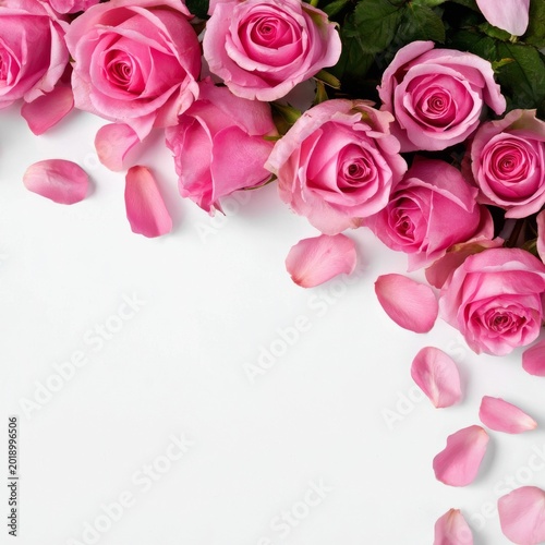 Pink Roses Arranged on a White Surface With Petals Scattered Around Them