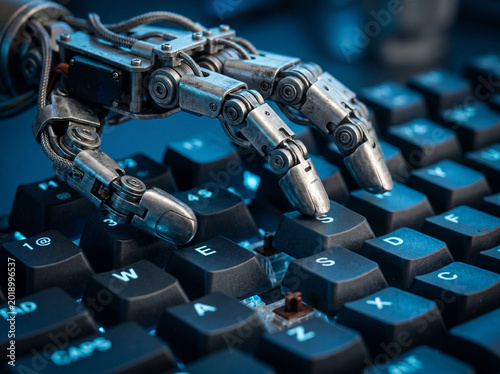 Robotic hand pressing keys on a modern gaming keyboard in dark lighting.