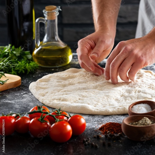 Preparing Dough for Pizza Using Fresh Ingredients and Spices in a Kitchen Set...