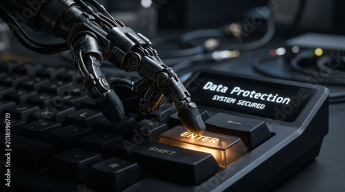 Robotic hand pressing enter key on keyboard with data protection screen.