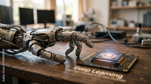 Metallic bionic arm reaching toward neural core deep learning processor.