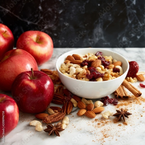 Healthy Snack With Apples, Nuts, and Dried Fruits on a Marble Surface
