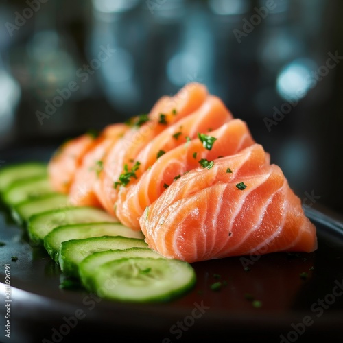 Fresh Salmon Slices Served With Cucumber on a Dark Plate in a Restaurant Setting
