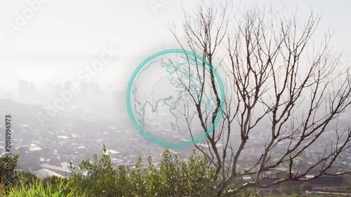 First frame globe appearing, enlarging, rotating, pulsing to show global data over hazy city