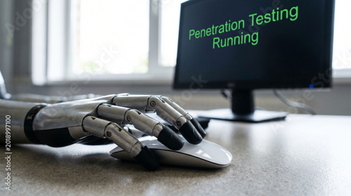 Mechanical arm using mouse with penetration testing running on monitor.