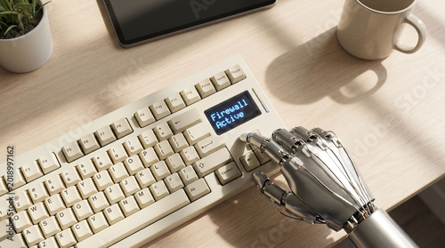 Robot hand typing on keyboard with firewall active message.