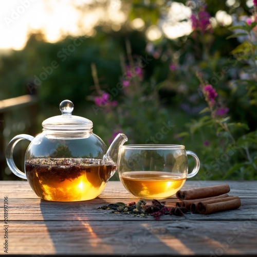 Enjoying Tea in a Garden During Sunset With a Teapot and Cup on a Table
