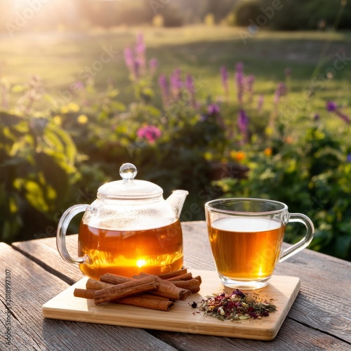 Tea Brewing With Herbs and Spices in a Garden During Sunset
