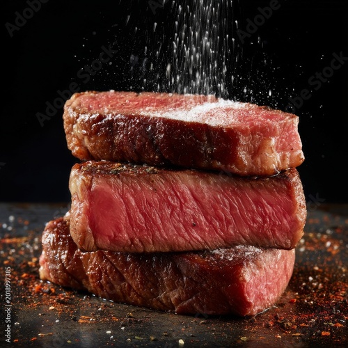 Juicy Steak Cuttings Stacked With Salt Being Sprinkled on Top in a Dark Setting