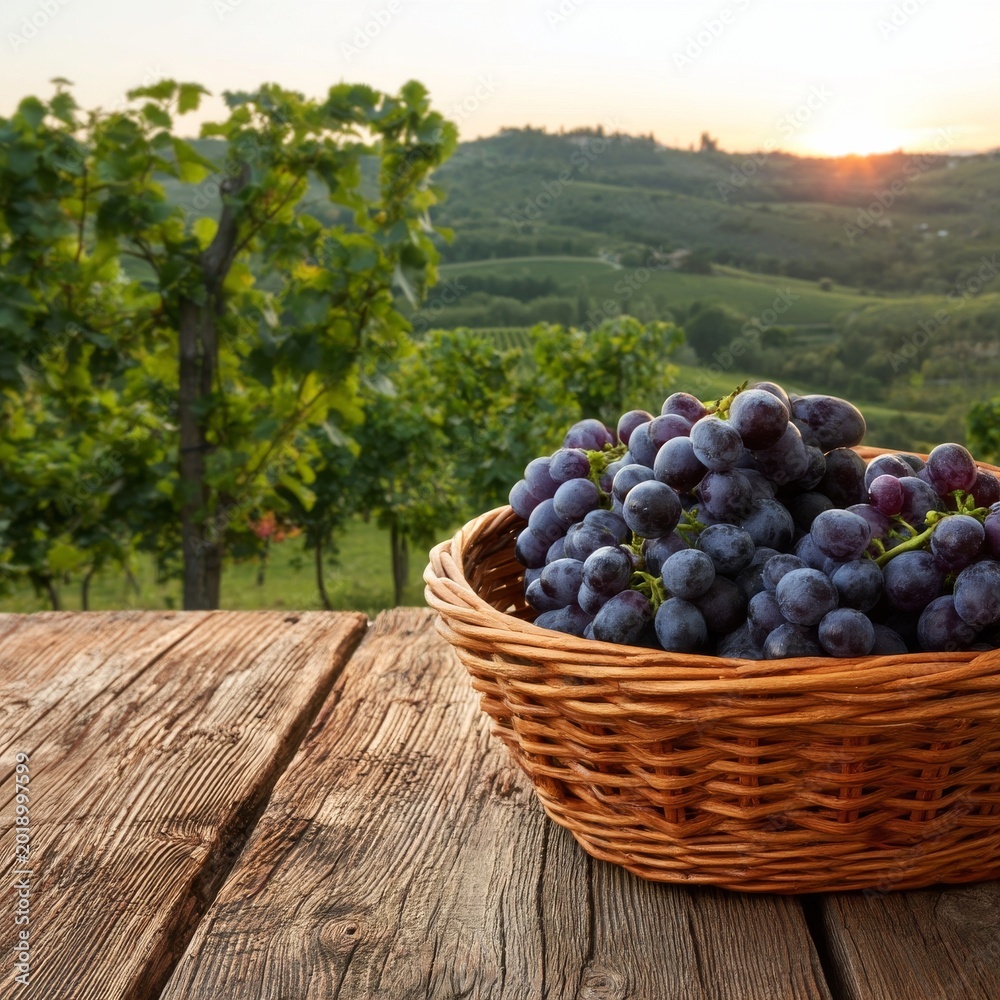 Obraz premium Grapes in a Basket During Sunset Over Vineyards in a Rural Area