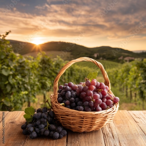 Basket of Grapes on a Wooden Table in a Vineyard at Sunset Near Hills