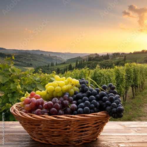 Basket of Grapes on a Wooden Table in a Vineyard at Sunset Near Hills