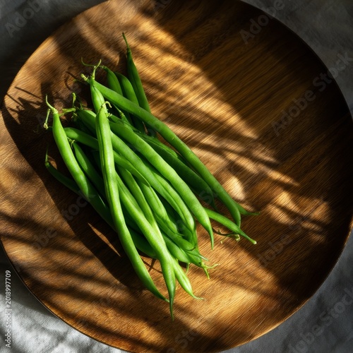 Fresh Green Beans on a Wooden Plate With Sunlight Creating Shadows in a Kitchen