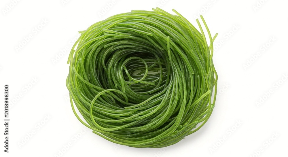 Fototapeta premium A neatly arranged bundle of green noodles on a white background