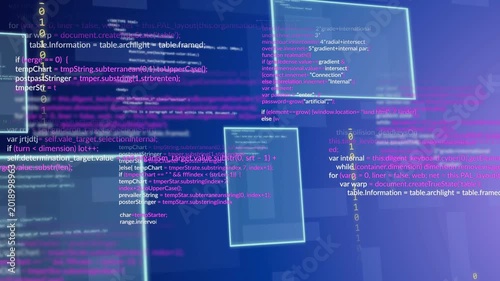 Gradient appearing, UI windows emerging and drifting, code and binary cascading, visualizing data