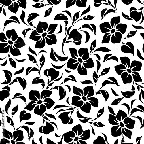 Seamless floral pattern with flowers and leaves on a white background. Vector black and white floral print