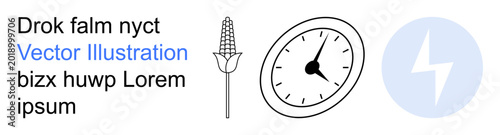 Agriculture, time management, electricity, graphic design, prints, digital projects. Corn cob, analog clock and a lightning bolt symbol. Agriculture and time management concept Free Download Agriculture, time management, electricity, graphic design, prints, digital projects. Corn cob, analog clock and a lightning bolt symbol. Agriculture and time management concept - GFXLoad