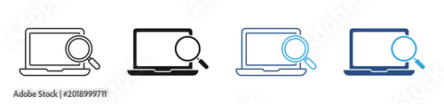 Online Search icon set. laptop with magnifying glass icons. digital browsing and information research concept. vector illustration.