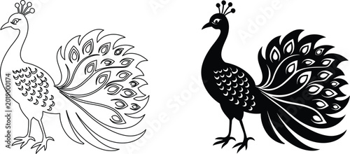 Foto Peacock with a magnificent tail, a beautiful bird of paradise line art illustration