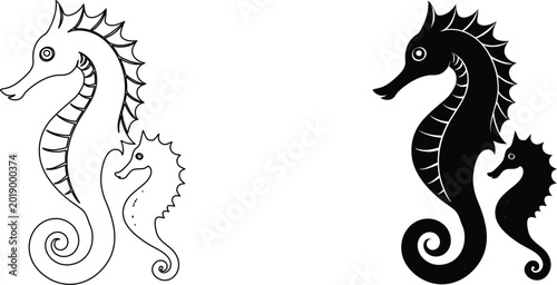 Canvas Print Seahorse parent and child curled together line art and silhouette