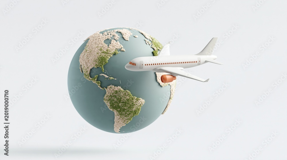 Naklejka premium Airplane circling the globe illustrating international travel, tourism, and global transportation concepts