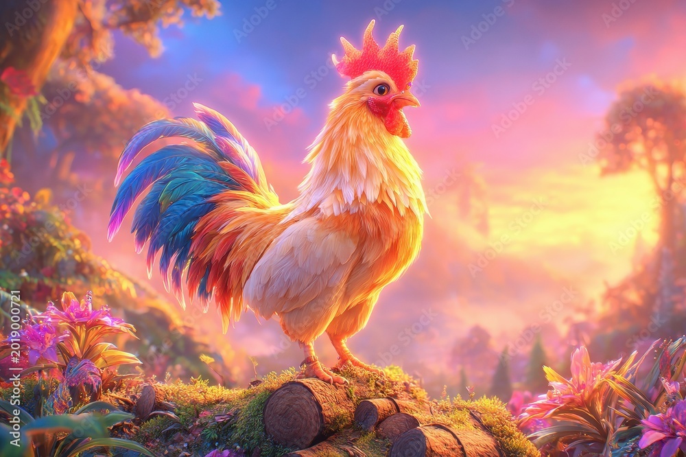 Fototapeta premium Colorful rooster standing on mossy log, vibrant sunrise, whimsical fantasy environment