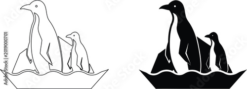 Tableau sur toile Two penguins on an iceberg, a charming line art and silhouette vector design