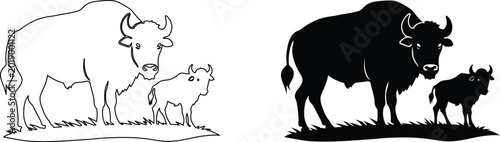 Bison mother and calf silhouette vector graphic design for rustic lodge decor projects.